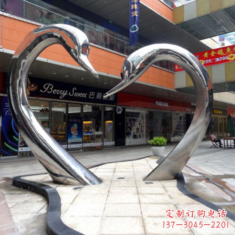 重庆不锈钢爱心天鹅情侣雕塑-大型户外广场抽象动物景观摆件心型天鹅头雕塑