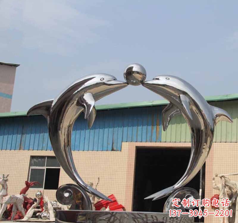 重庆海豚之恋——不锈钢公园镜面海豚顶球雕塑
