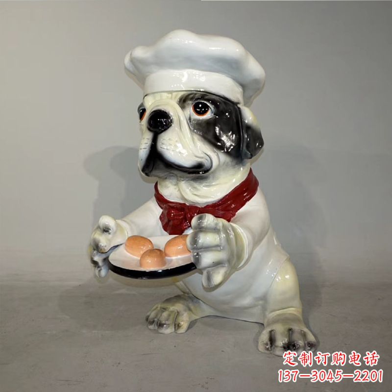 重庆厨师造型斗牛犬,玻璃钢仿陶瓷狗雕塑