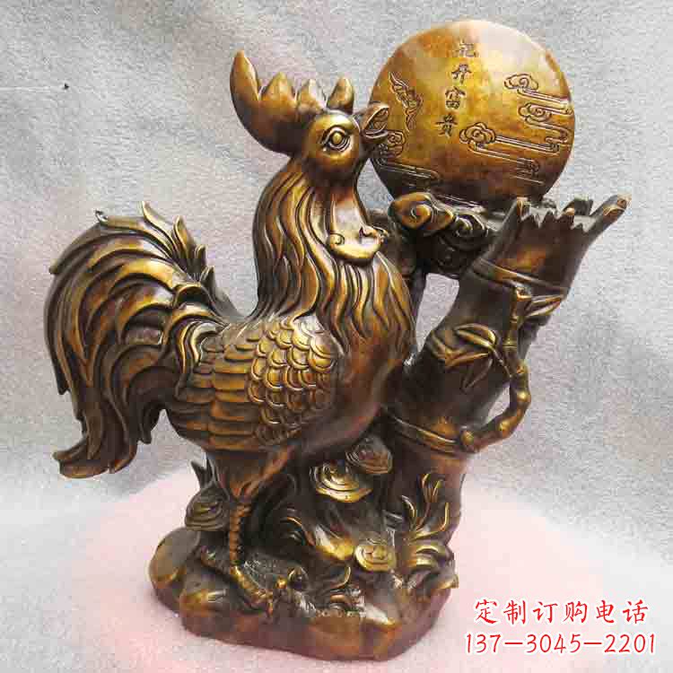 重庆纯铜公鸡雕塑-花开富贵生肖动物摆件