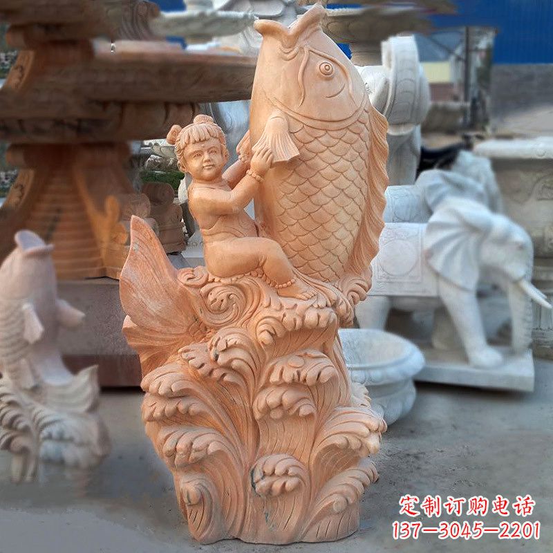 重庆大型喷水鲤鱼景观雕塑-晚霞红石雕动物喷泉
