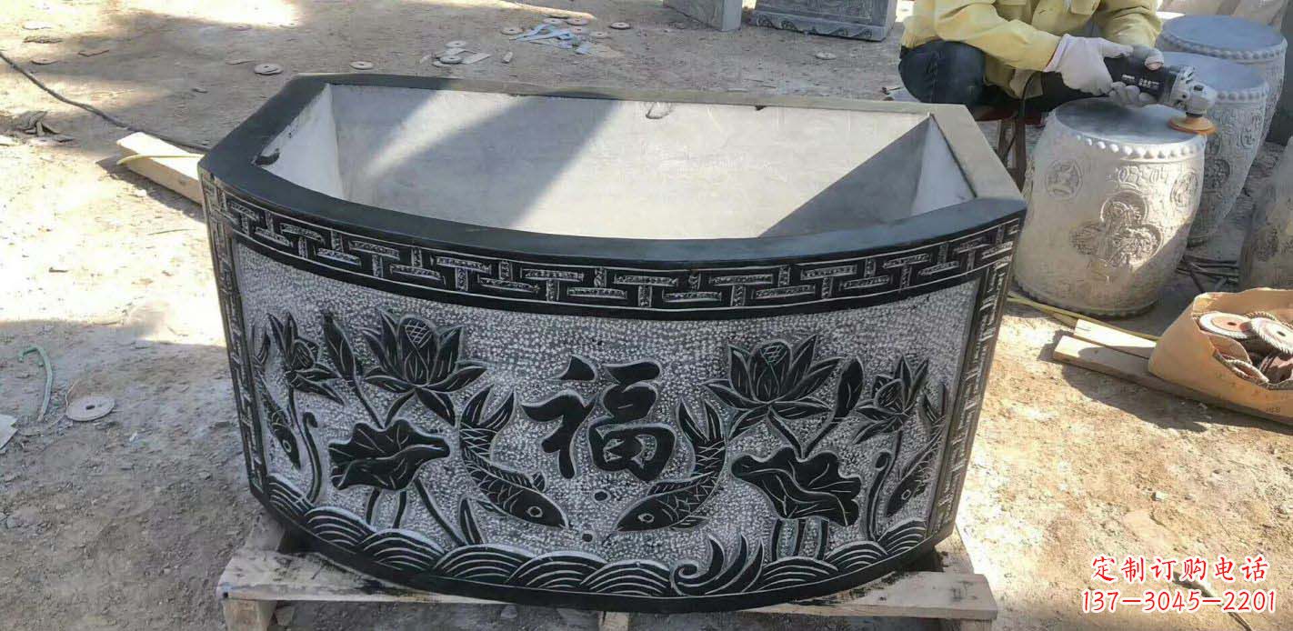 重庆精致方口石浮雕水缸雕塑