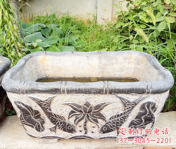 重庆方形荷花鲤鱼石浮雕水缸