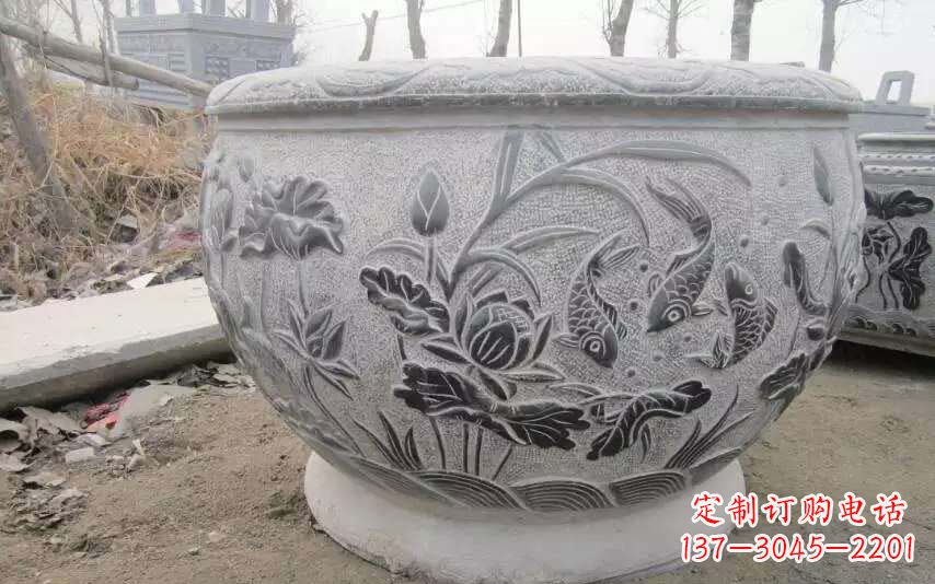 重庆仿古雕刻鲤鱼石浮雕水缸