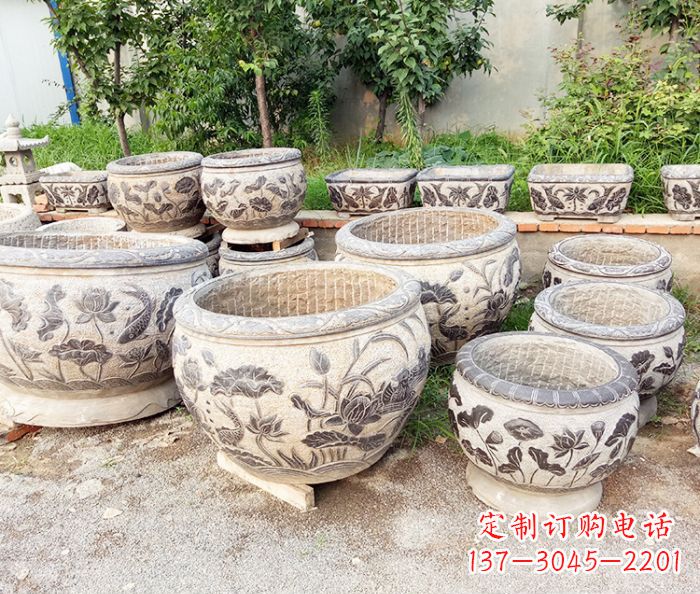 重庆仿古荷花鲤鱼石浮雕水缸 (2)