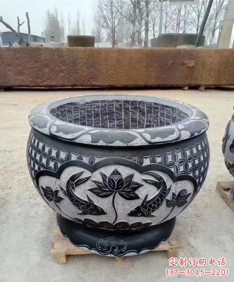 重庆仿古石雕荷花鲤鱼水缸
