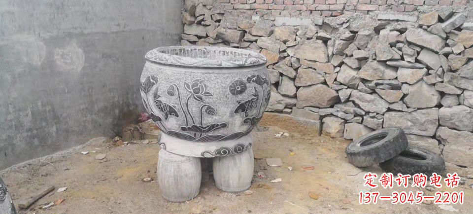 重庆仿古石水缸荷花鲤鱼石浮雕