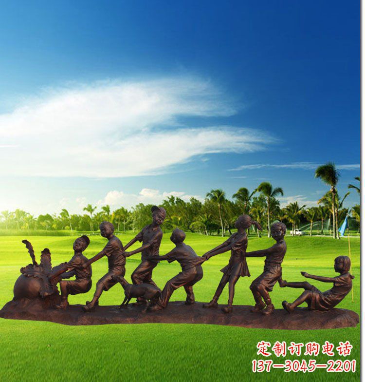 重庆公园拔萝卜儿童玻璃钢仿铜雕塑