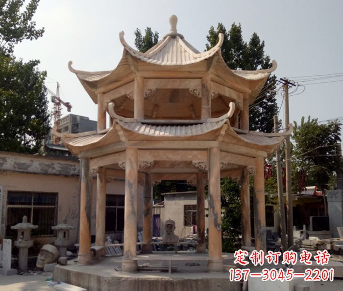 重庆公园景观晚霞红双层石雕凉亭