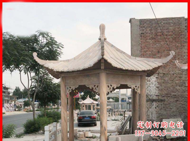重庆公园晚霞红六角石凉亭雕塑