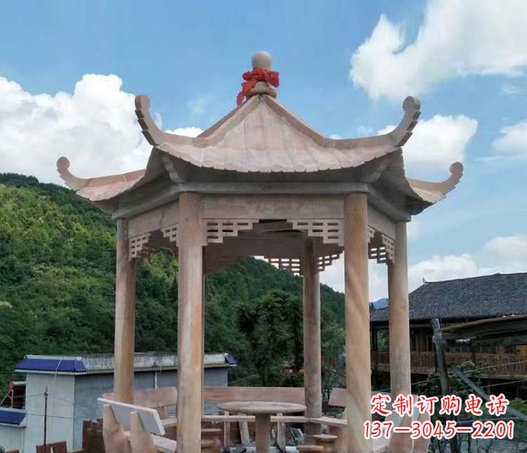 重庆公园晚霞红六角石雕凉亭 (10)