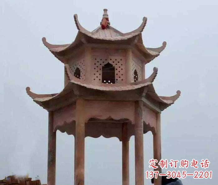 重庆公园晚霞红双层六角石雕凉亭