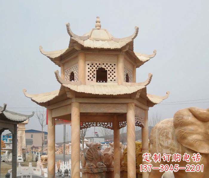 重庆公园晚霞红双层六角石雕凉亭 (2)