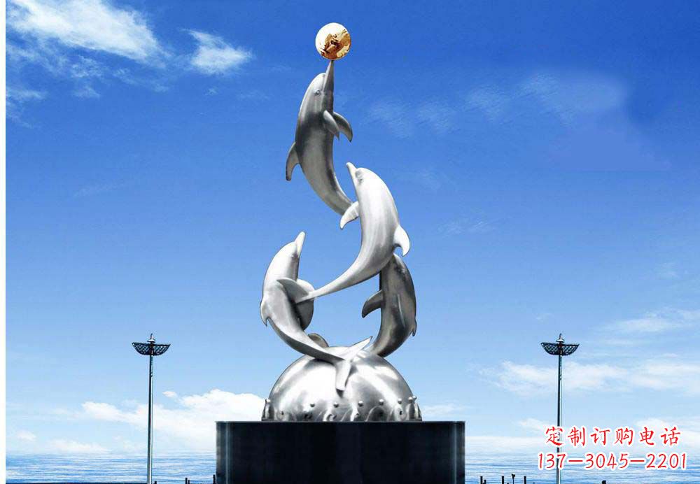 重庆广场不锈钢海豚顶球雕塑