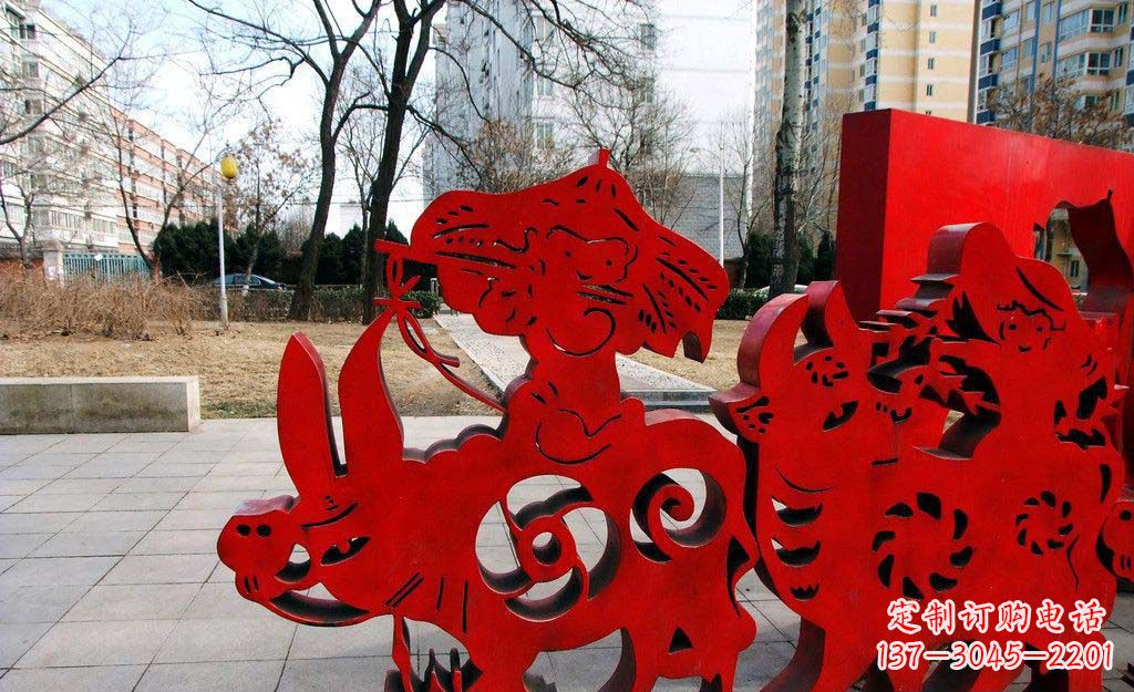 重庆广场不锈钢剪纸牧童牛雕塑