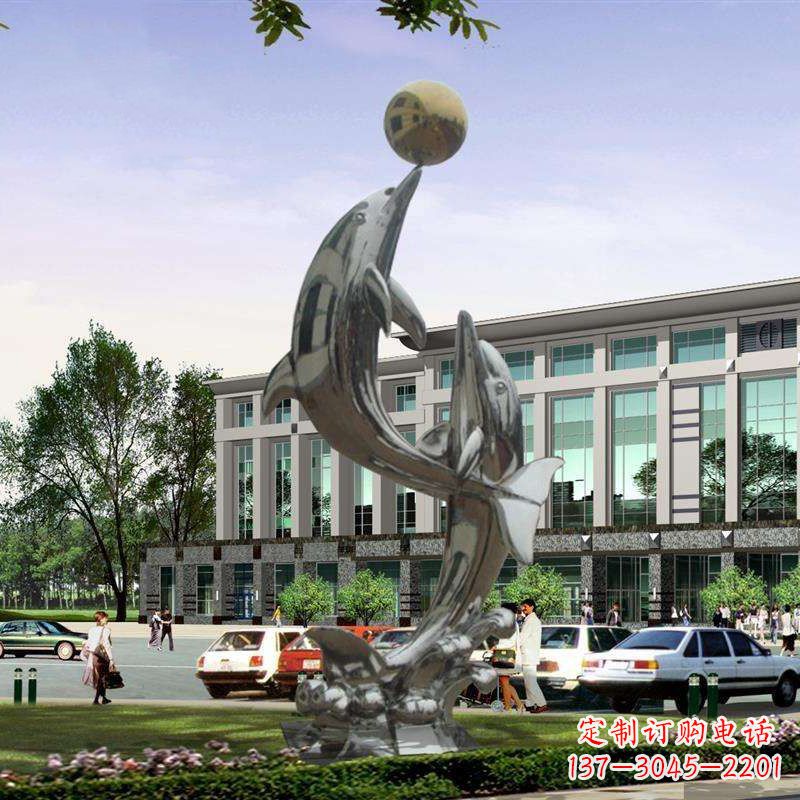 重庆不锈钢海豚戏球雕塑,营造清新海岸风情