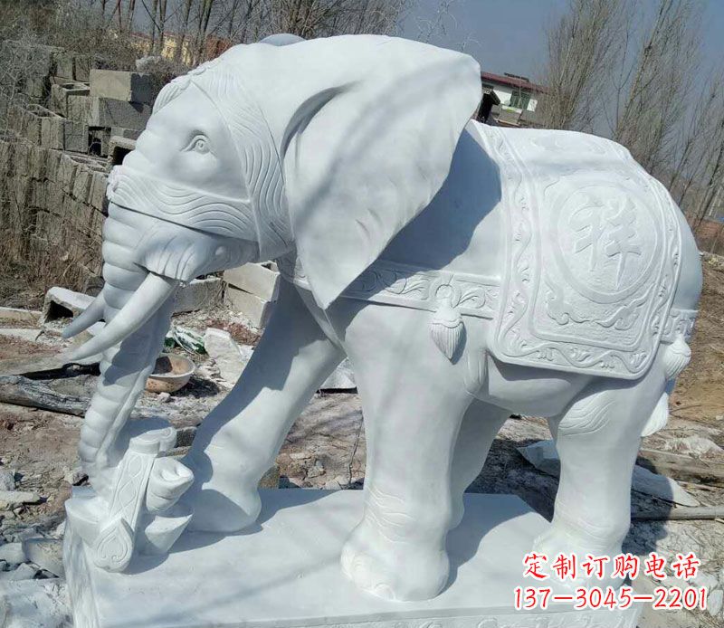 重庆汉白玉吉祥门口鼻卷如意大象石雕