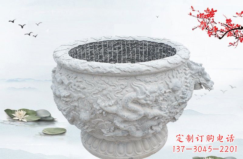 重庆汉白玉龙浮雕水缸