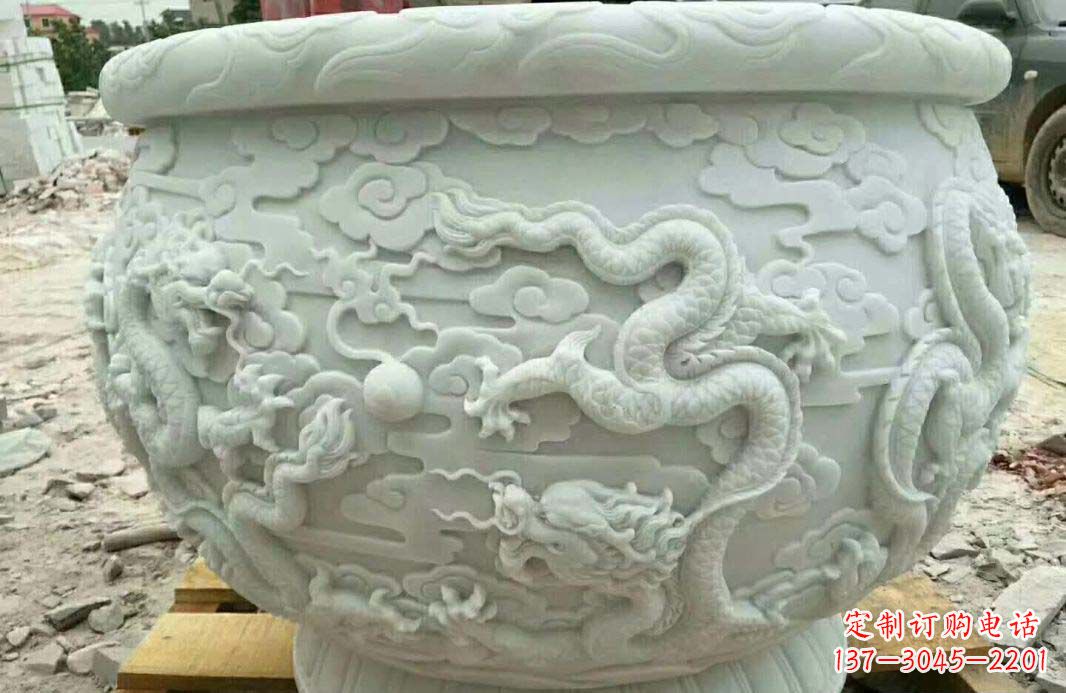 重庆汉白玉龙浮雕水缸雕塑