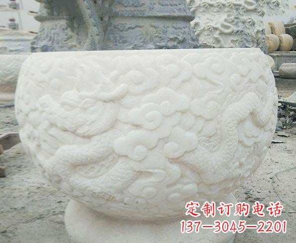 重庆汉白玉龙浮雕招财石水缸