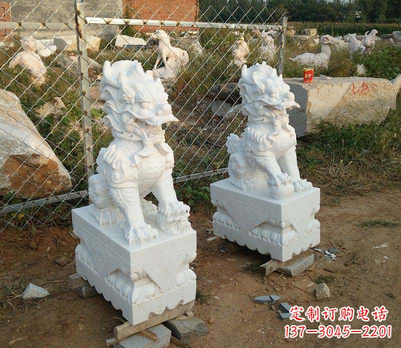 重庆汉白玉门口踩球麒麟石雕