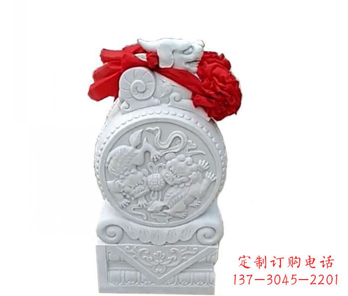 重庆汉白玉貔貅抱鼓石招财石门墩