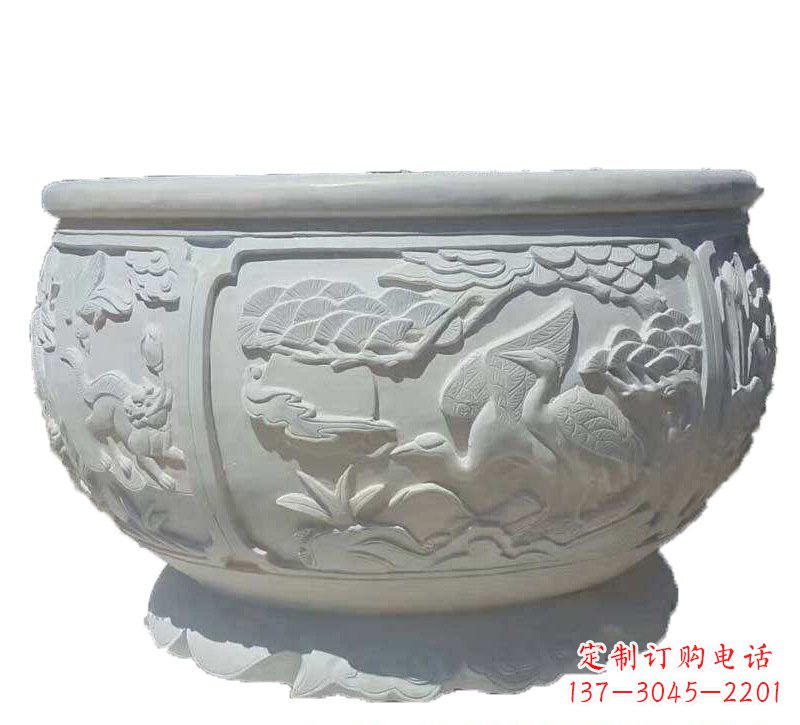 重庆汉白玉松鹤延年浮雕水缸