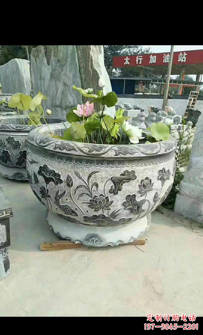 重庆精美荷花鲤鱼石浮雕水缸