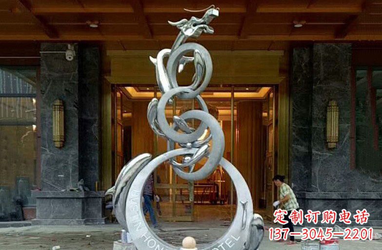 重庆酒店不锈钢抽象鱼跃龙门雕塑