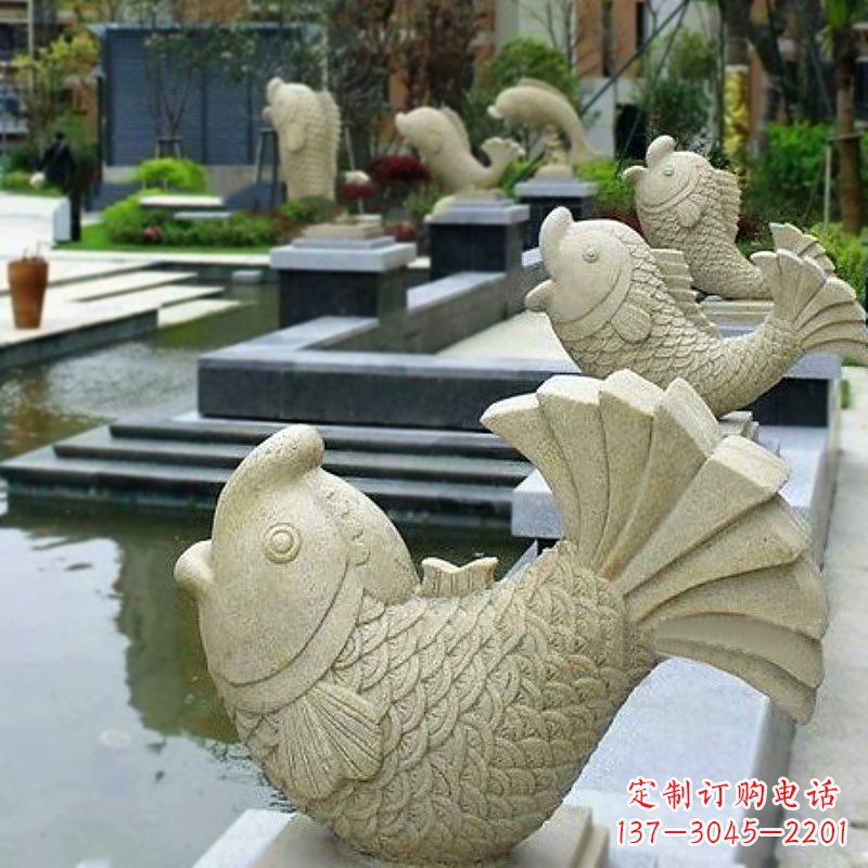 重庆喷水鱼砂岩石雕-园林水池水塘动物喷泉雕塑