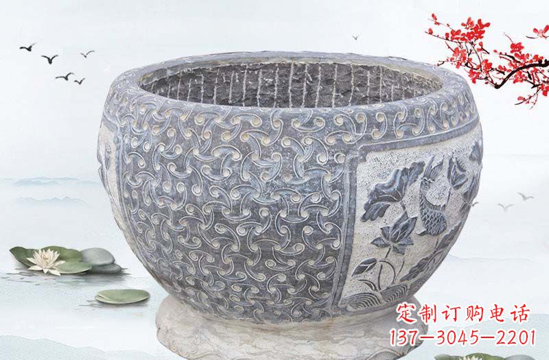 重庆青石仿古鲤鱼浮雕水缸,精致雕塑设计
