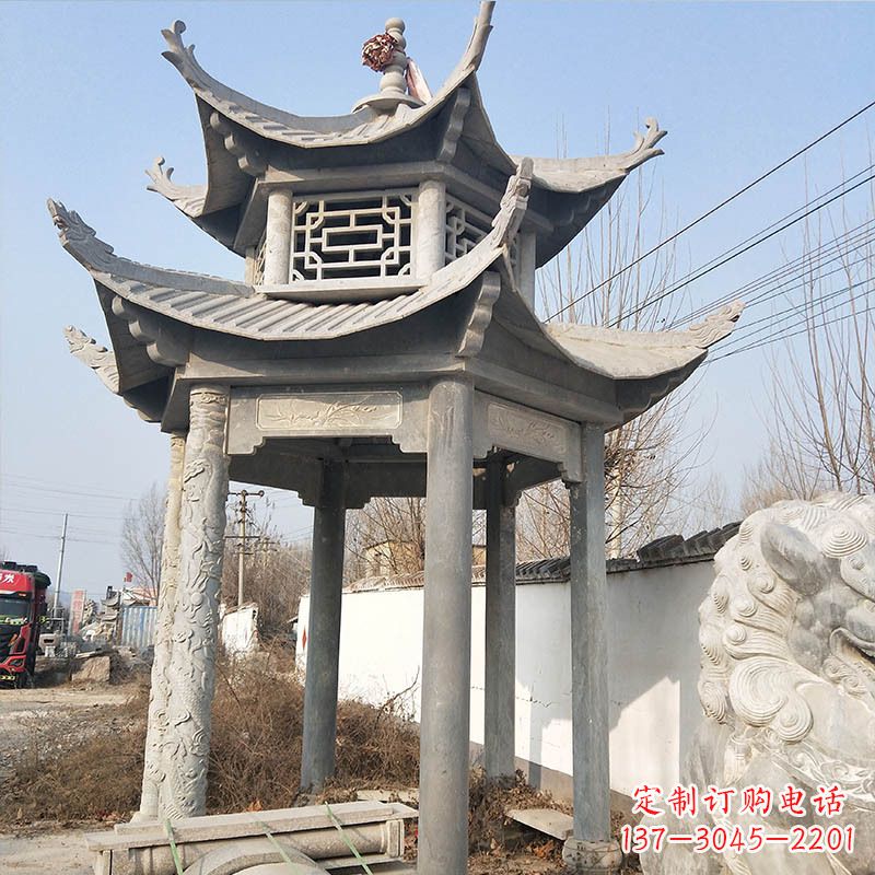 重庆典雅精美的青石六角石凉亭雕塑