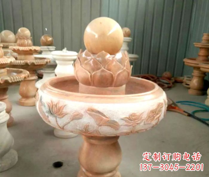 重庆石来运转晚霞红风水球喷泉石雕