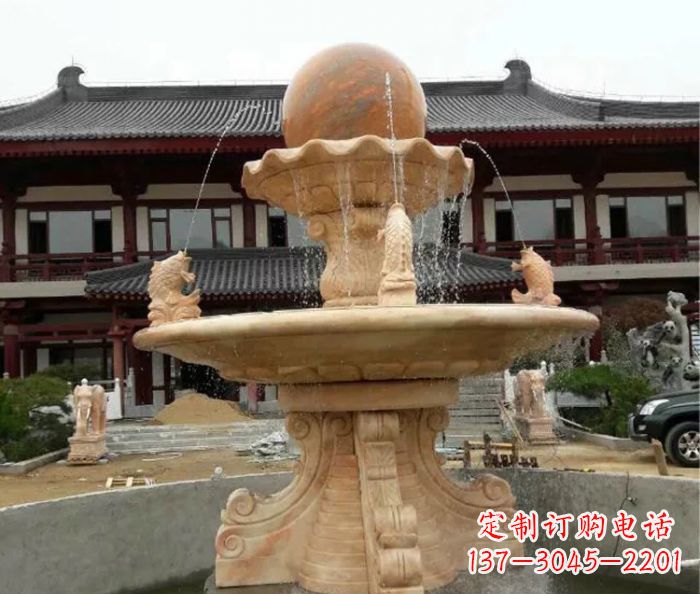重庆双层风水球喷泉晚霞红石雕