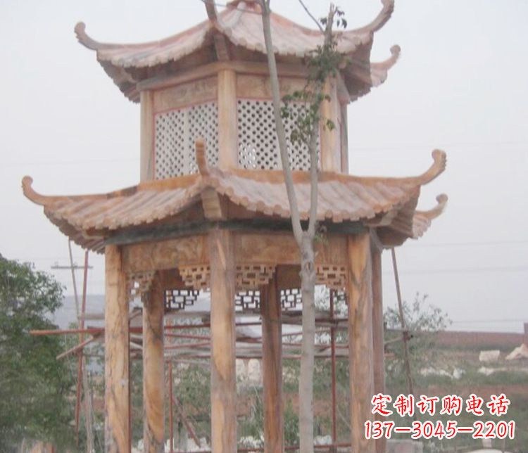 重庆双层晚霞红石凉亭石雕 (2)