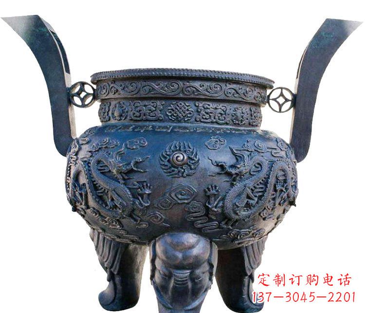 重庆寺庙圆形三足鼎铜雕香炉