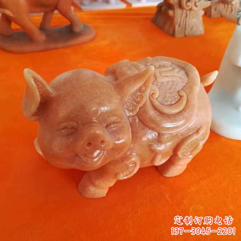 重庆晚霞红大理石招财猪雕塑-企业商场创意生肖动物风水摆件