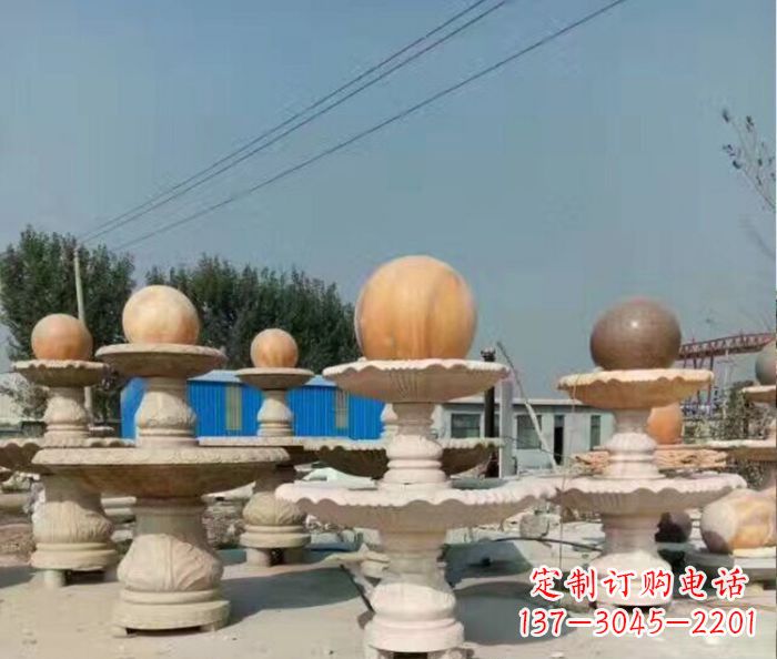 重庆晚霞红多层风水球喷泉石雕