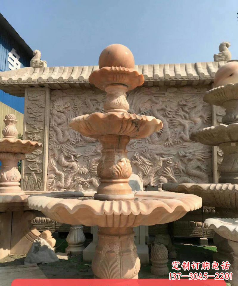 重庆晚霞红风水球石雕喷泉