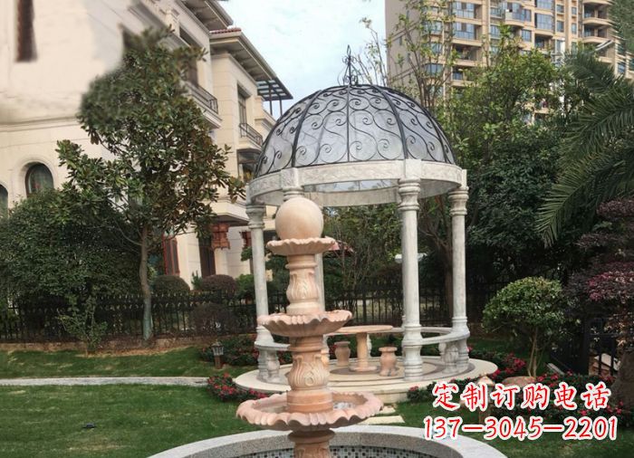 重庆晚霞红三层风水球喷泉小区石雕