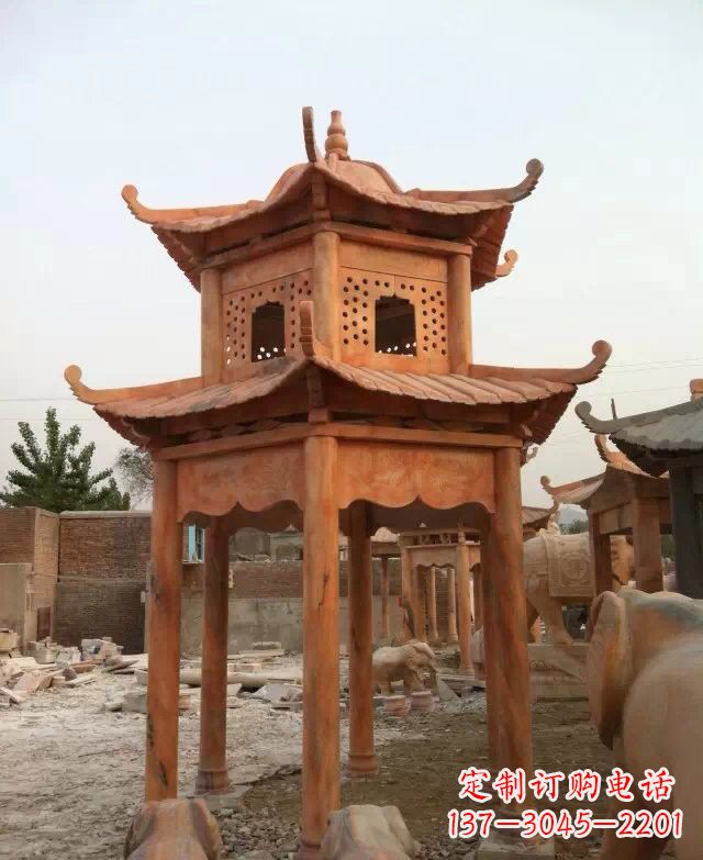 重庆晚霞红双层凉亭石雕