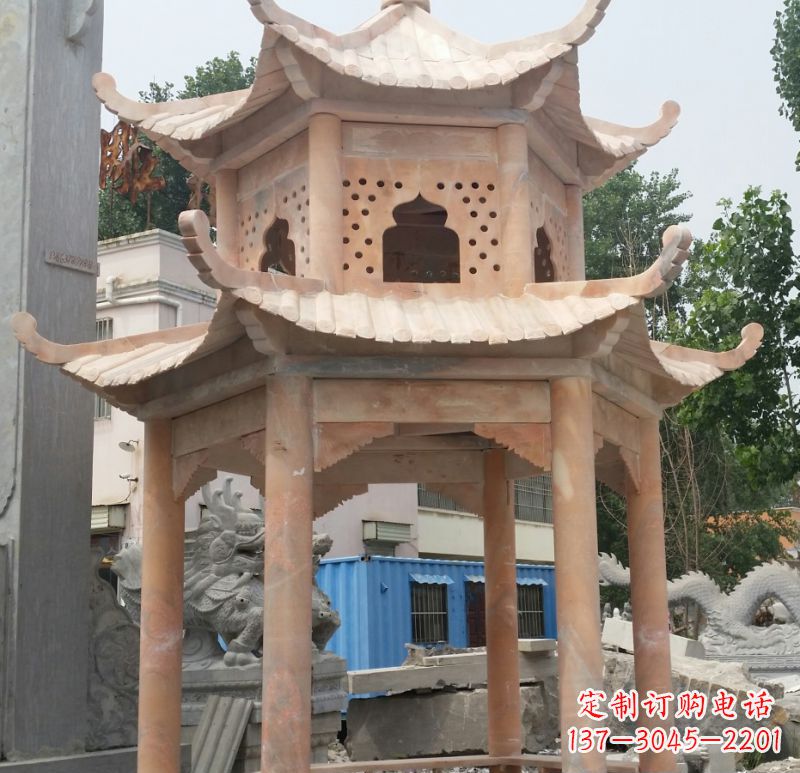 重庆晚霞红双层六角凉亭石雕 (2)