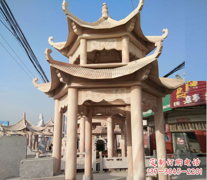 重庆晚霞红双层六角凉亭石雕 (3)
