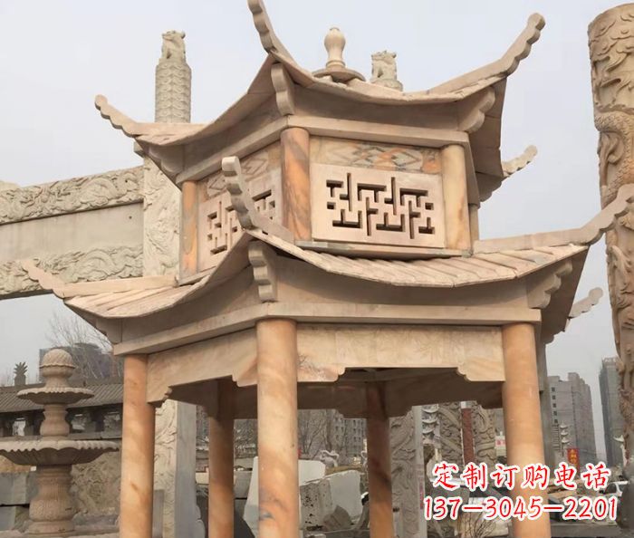重庆晚霞红双层石雕凉亭