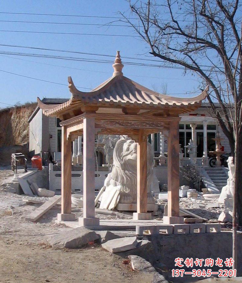 重庆晚霞红四角凉亭景观石雕