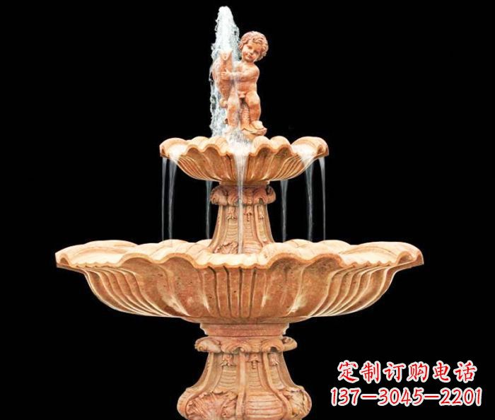 重庆晚霞红小孩抱鱼石雕喷泉