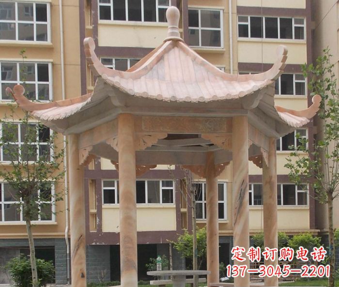 重庆小区晚霞红六角凉亭石雕