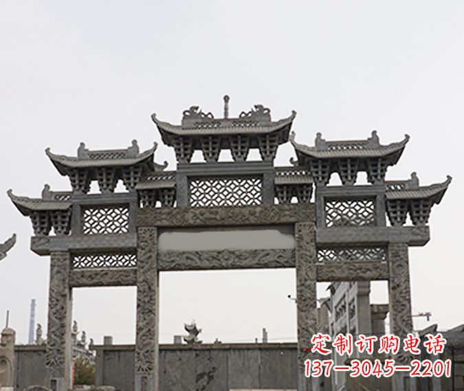 重庆园林仿古三门牌坊石雕 (4)