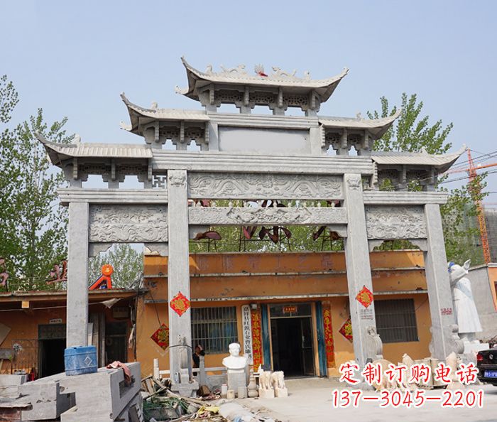 重庆园林仿古三门牌坊石雕 (5)