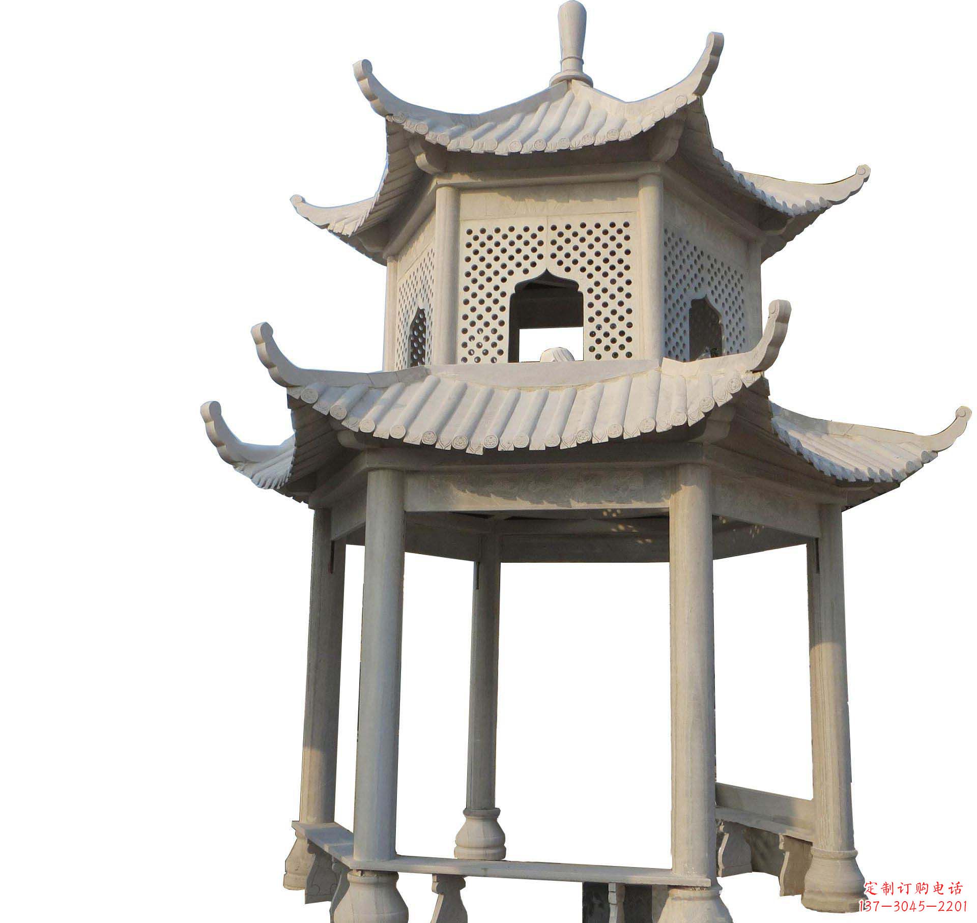 重庆园林景观大理石六角石雕双层凉亭